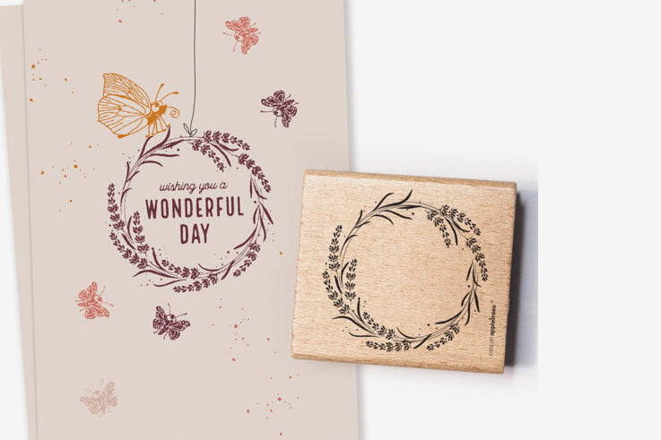 Cats on Appletrees Stamp - Lavender Wreath Flywheel Stationery Tasmania