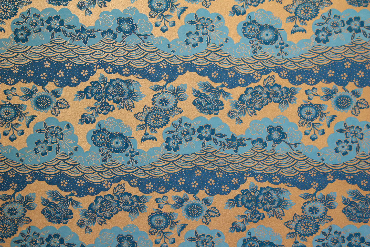 Chiyogami Gift Wrap - Blue Blossoms & Waves on Gold | Flywheel | Stationery | Tasmania