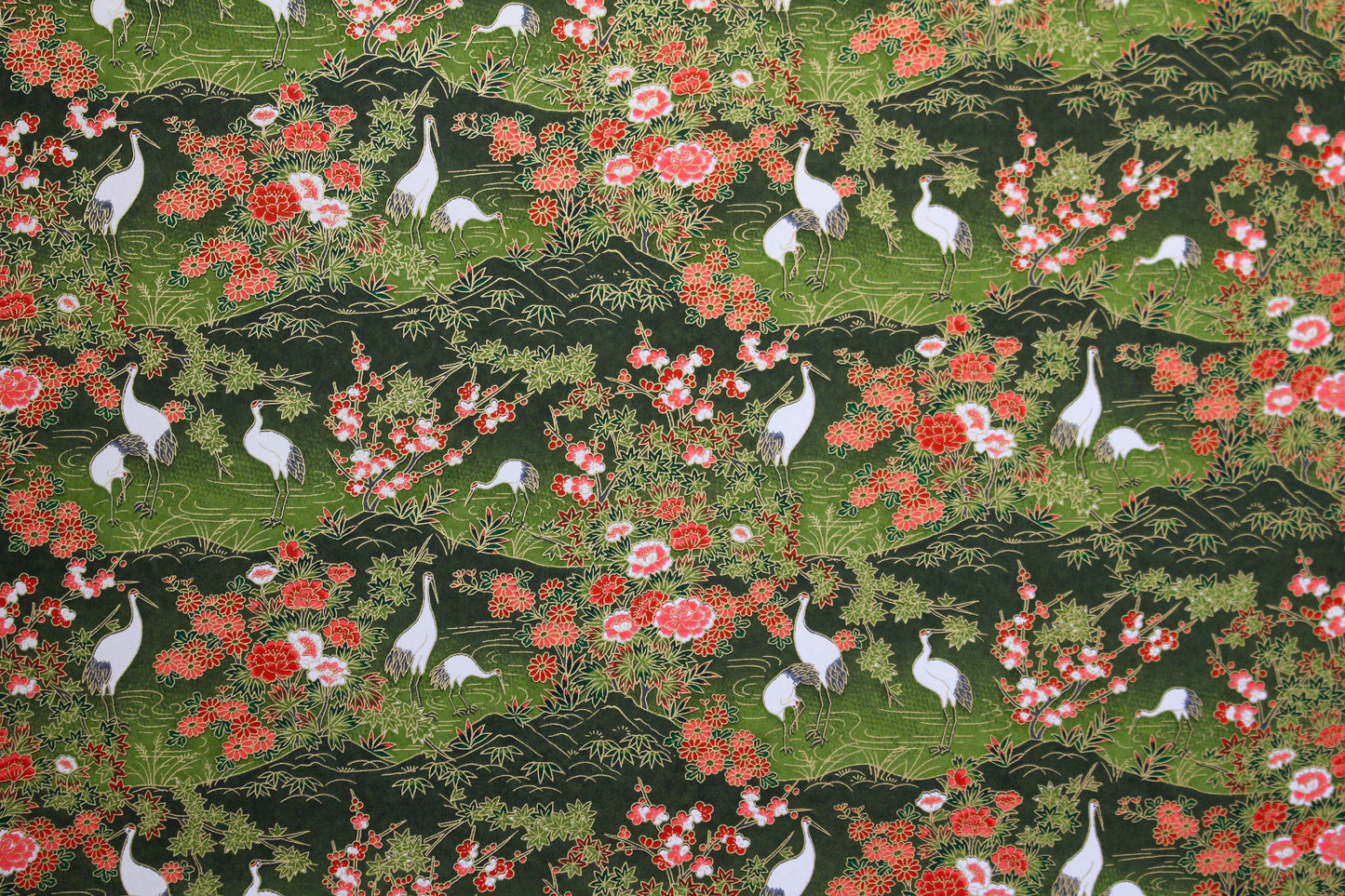 Chiyogami Gift Wrap - Cranes/Floral Scenes on Olive | Flywheel | Stationery | Tasmania