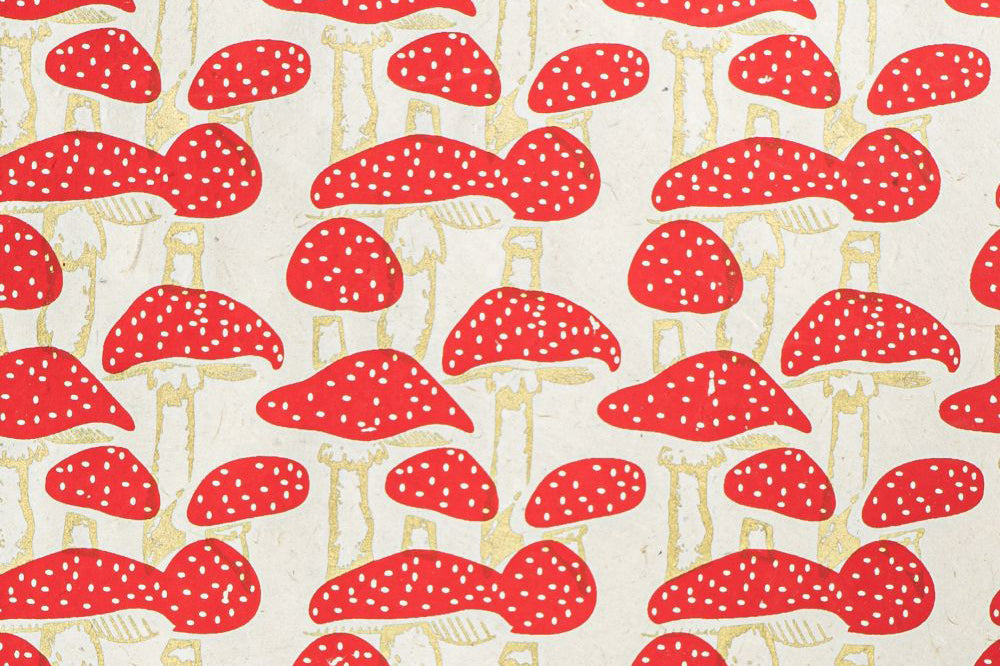 Lokta Gift Wrap - Mushrooms Red & Gold/Cream | Flywheel | Stationery | Tasmania