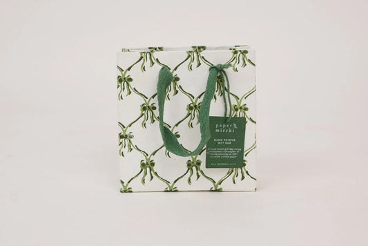 Paper Mirchi Block Printed Gift Bag Small - Bows Holly Green Flywheel Stationery Tasmania