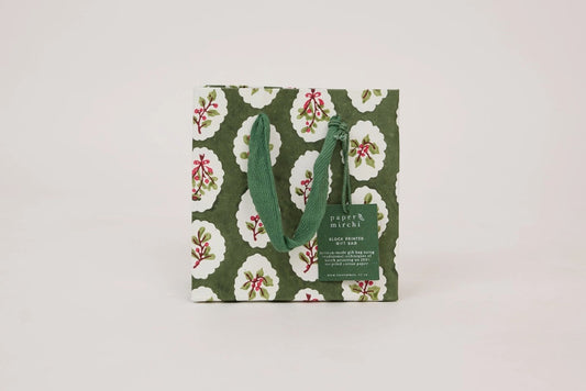 Paper Mirchi Block Printed Gift Bag Small - Scallop Tiles Holly Green Flywheel Stationery Tasmania