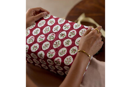 Paper Mirchi Block Printed Gift Wrap - Scallop Tiles Christmas Pudding Flywheel Stationery Tasmania