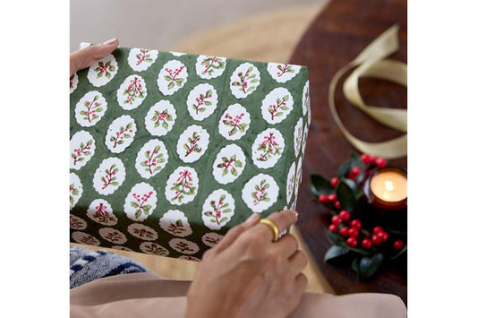 Paper Mirchi Block Printed Gift Wrap - Scallop Tiles Holly Green Flywheel Stationery Tasmania