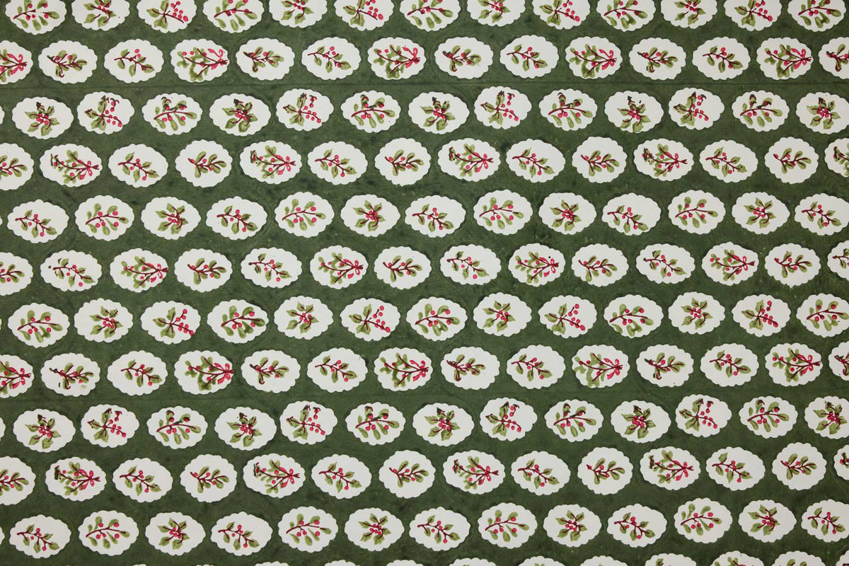 Paper Mirchi Block Printed Gift Wrap - Scallop Tiles Holly Green Flywheel Stationery Tasmania