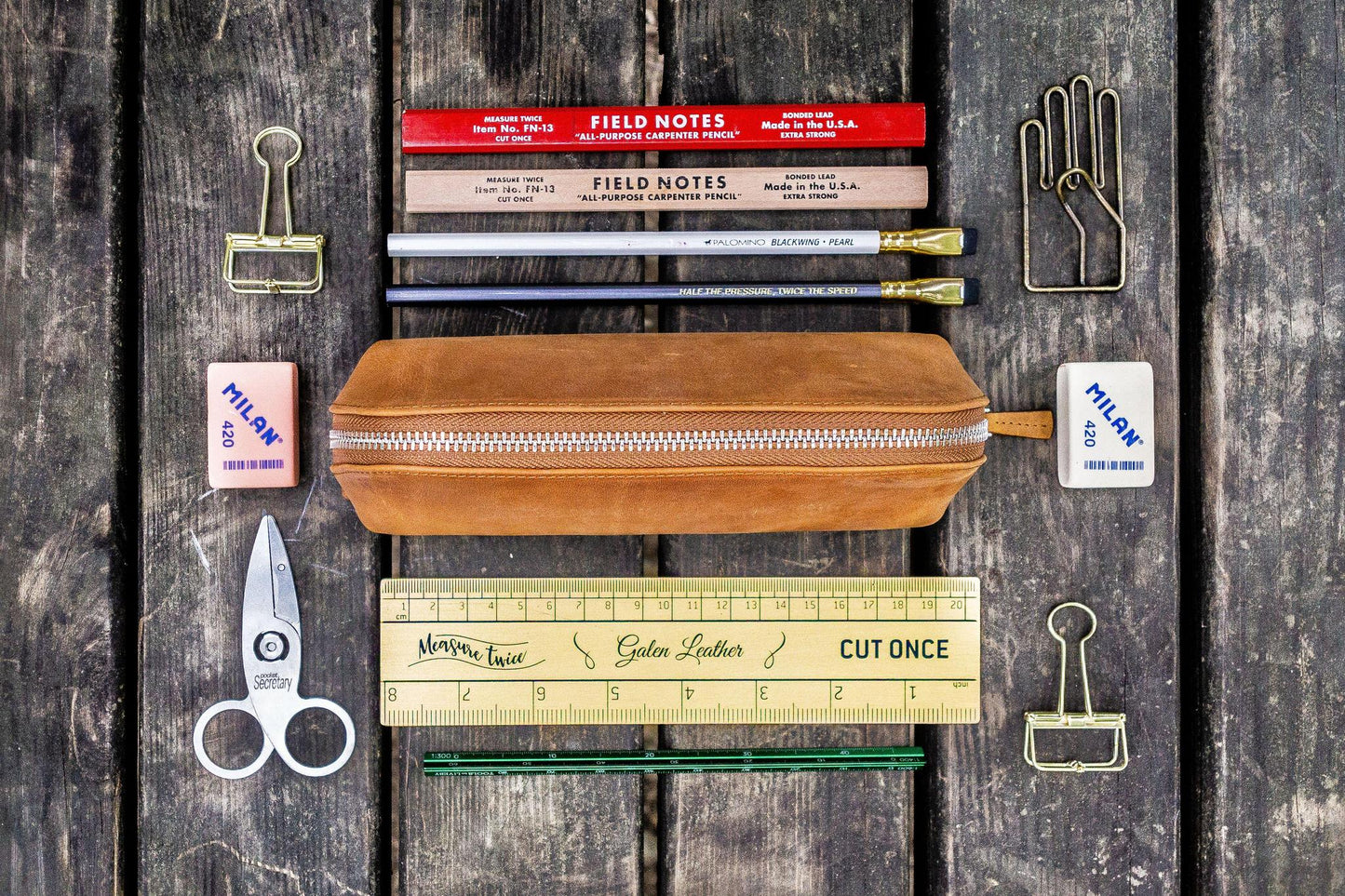 Galen Leather XLarge Zipper Pencil Case - Crazy Horse Brown | Flywheel | Stationery | Tasmania