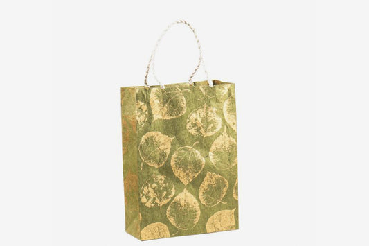 Lokta Gift Bag Medium - Leaves Gold/Olive | Flywheel | Stationery | Tasmania