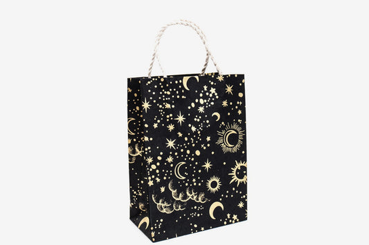 Lokta Gift Bag Medium - Sun Moon Stars Gold/Black | Flywheel | Stationery | Tasmania