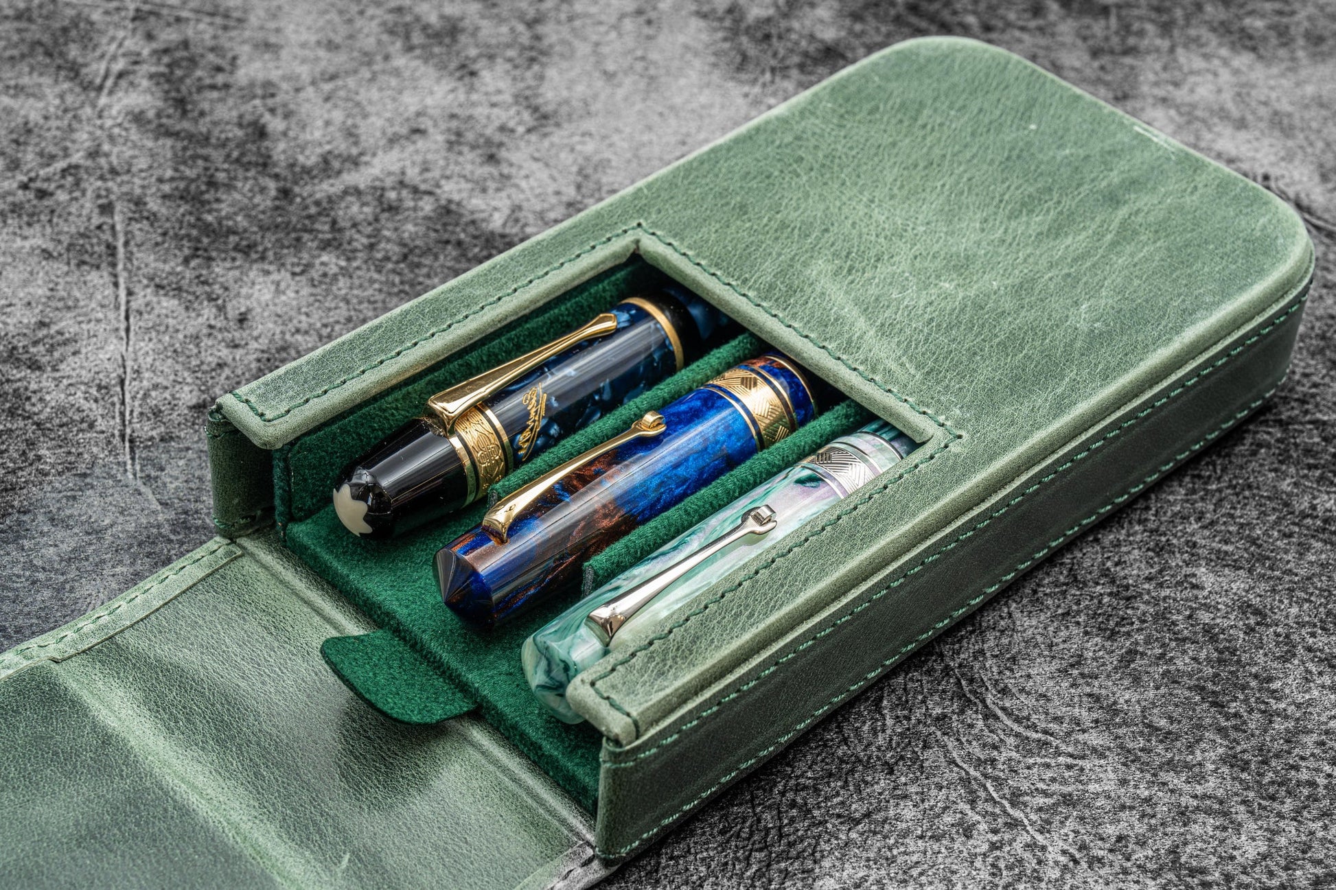 Galen Leather Magnum Opus 3 Slot Pen Case - Crazy Horse Forest Green | Flywheel | Stationery | Tasmania