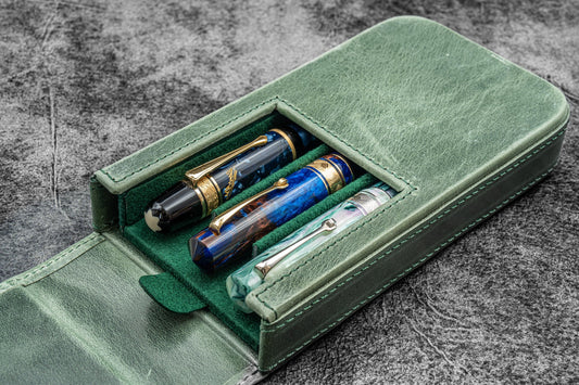 Galen Leather Magnum Opus 3 Slot Pen Case - Crazy Horse Forest Green | Flywheel | Stationery | Tasmania