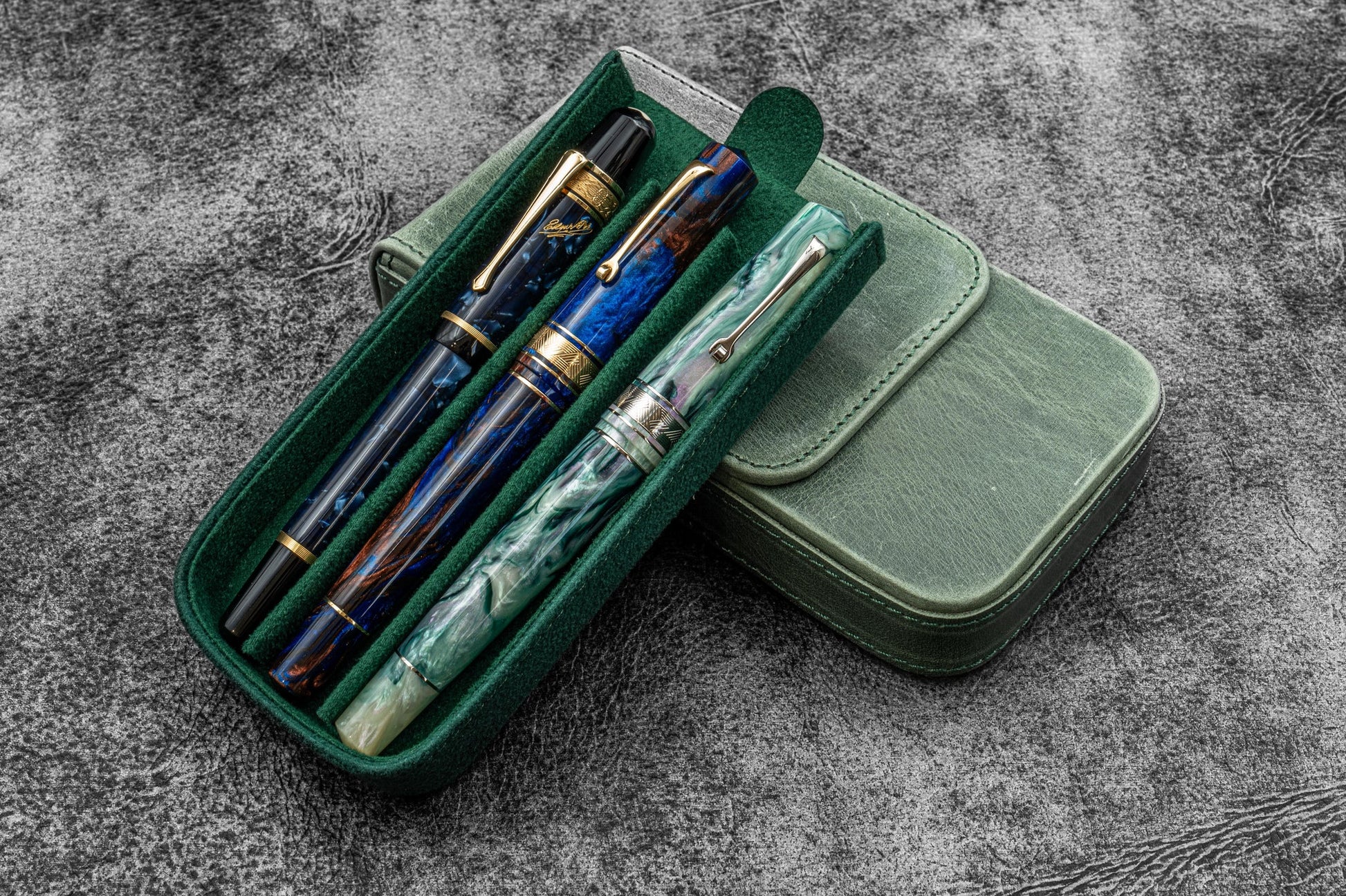Galen Leather Magnum Opus 3 Slot Pen Case - Crazy Horse Forest Green | Flywheel | Stationery | Tasmania