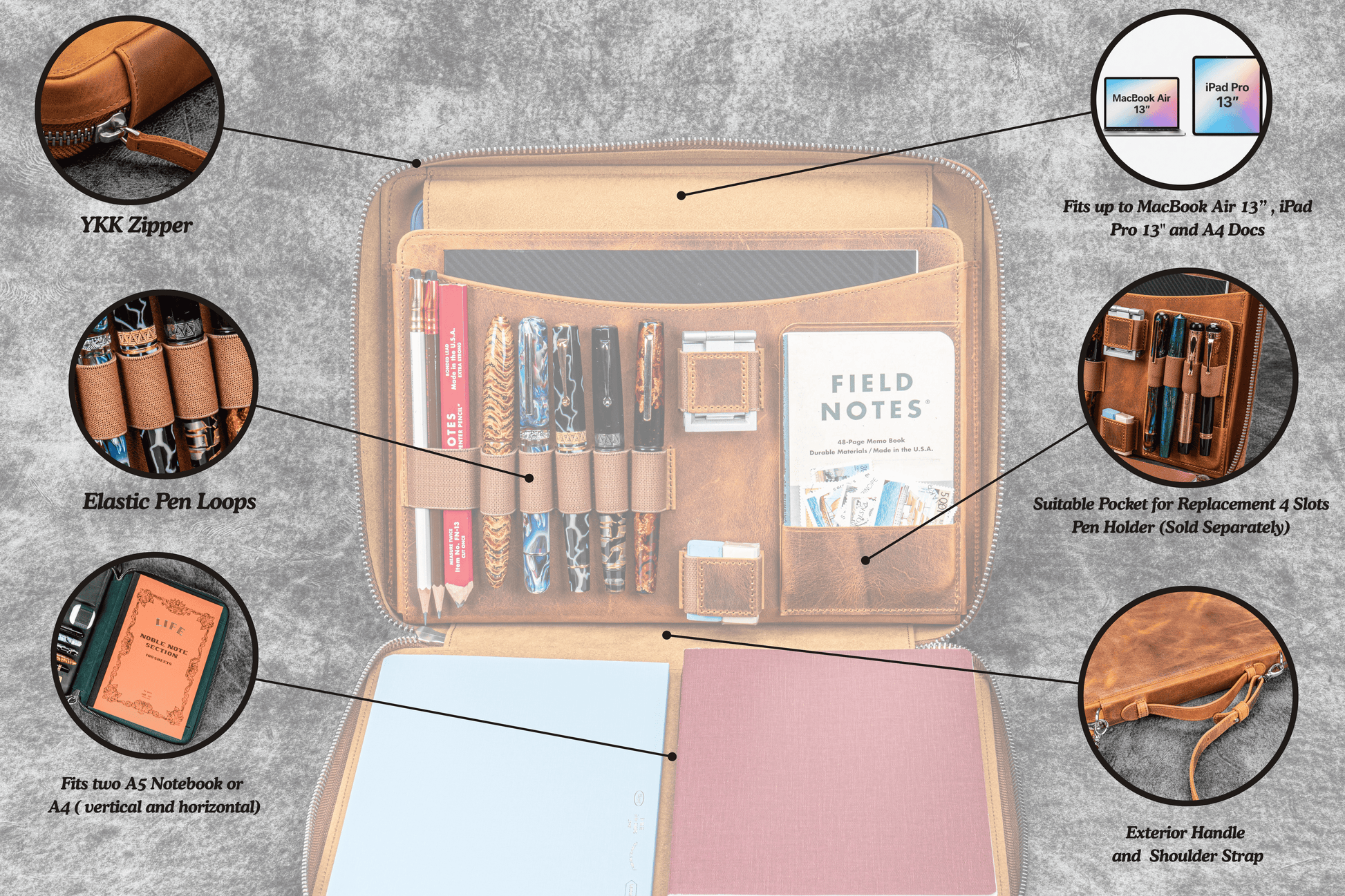 Galen Leather Compendium Bag - Crazy Horse Brown | Flywheel | Stationery | Tasmania