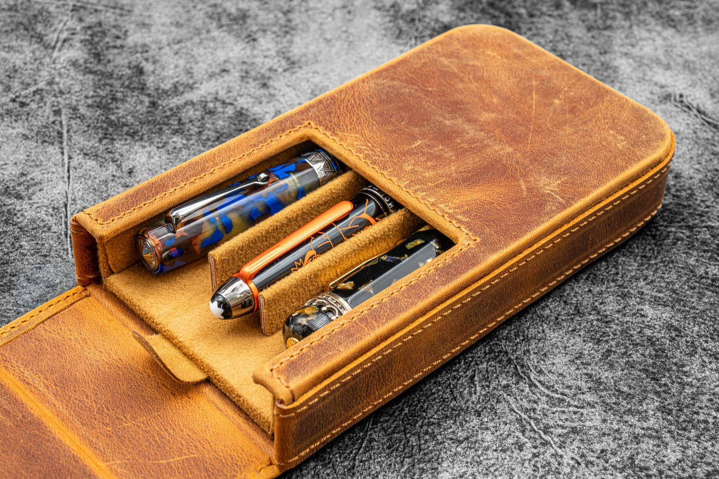Galen Leather Magnum Opus 3 Slot Pen Case - Crazy Horse Brown | Flywheel | Stationery | Tasmania