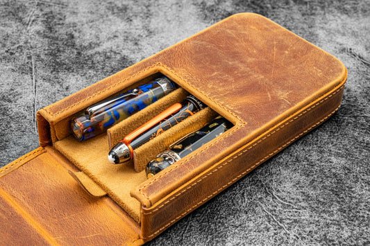 Galen Leather Magnum Opus 3 Slot Pen Case - Crazy Horse Brown | Flywheel | Stationery | Tasmania