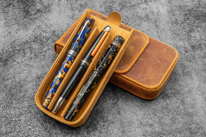 Galen Leather Magnum Opus 3 Slot Pen Case - Crazy Horse Brown | Flywheel | Stationery | Tasmania