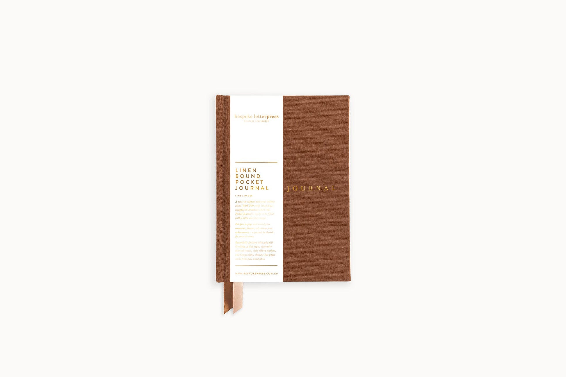 Bespoke Letterpress Lined Linen Pocket Journal - Mocha Flywheel Stationery Tasmania