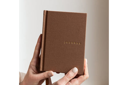 Bespoke Letterpress Lined Linen Pocket Journal - Mocha Flywheel Stationery Tasmania