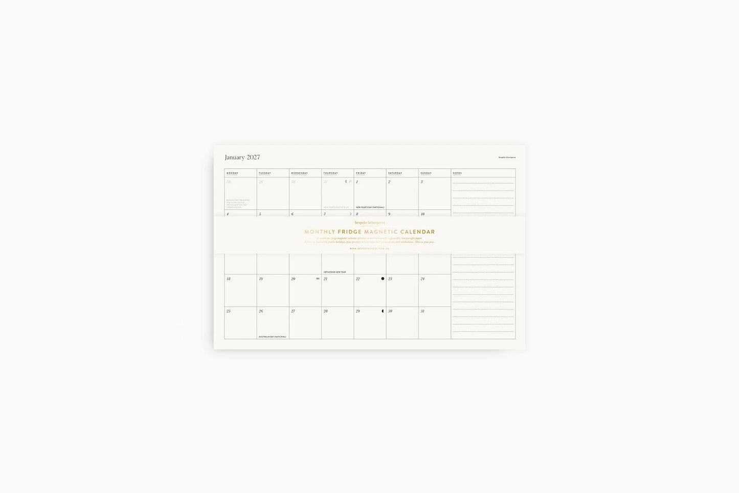 Bespoke Letterpress 2027 Monthly Fridge Magnetic Calendar Flywheel Stationery Tasmania