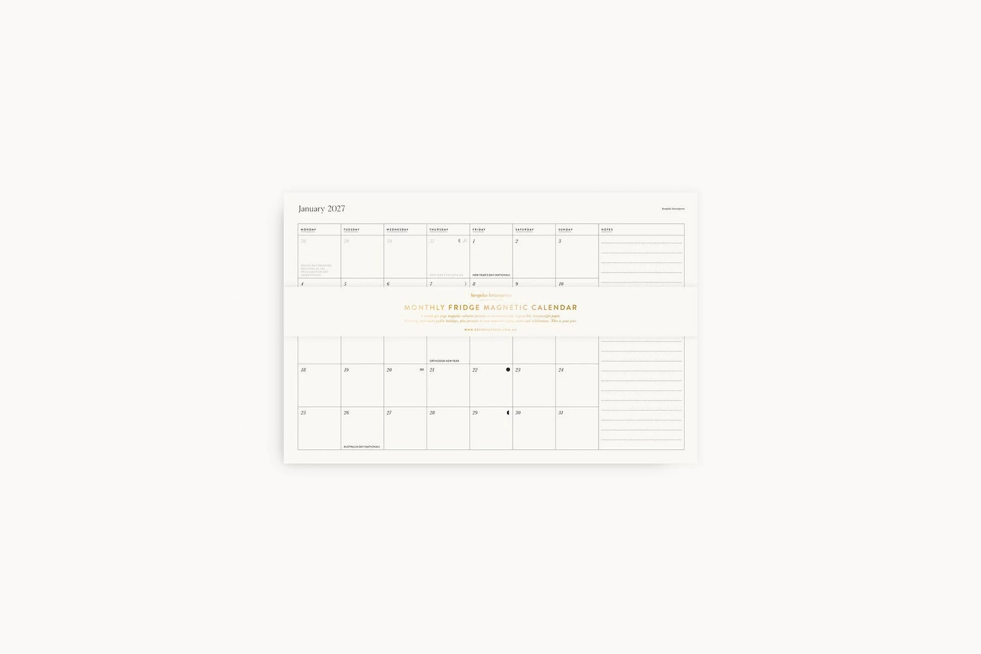Bespoke Letterpress 2027 Monthly Fridge Magnetic Calendar Flywheel Stationery Tasmania