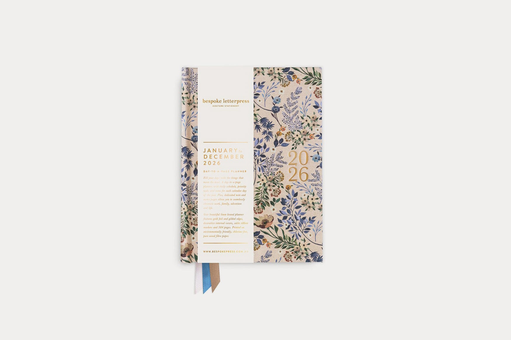 Bespoke Letterpress 2026 Daily Linen Bound Planner - Bluebuds | Flywheel | Stationery | Tasmania