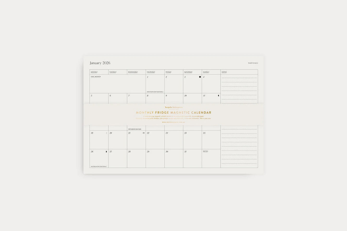 Bespoke Letterpress 2026 Monthly Fridge Magnetic Calendar | Flywheel | Stationery | Tasmania