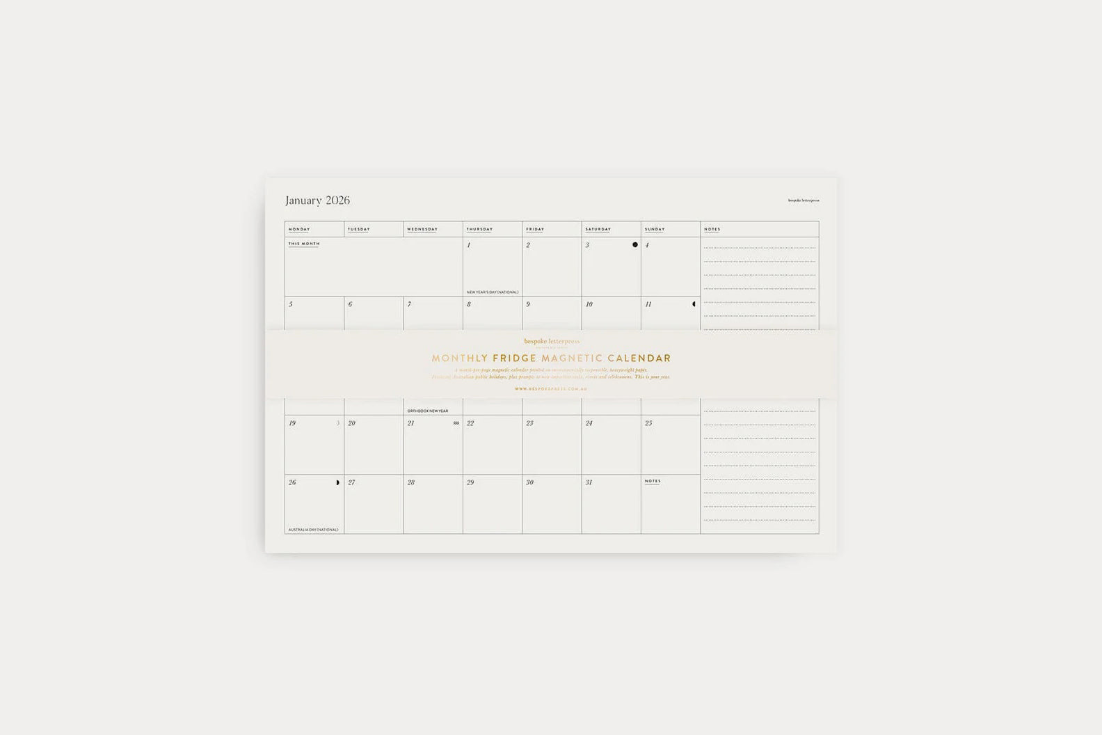 Bespoke Letterpress 2026 Monthly Fridge Magnetic Calendar | Flywheel | Stationery | Tasmania
