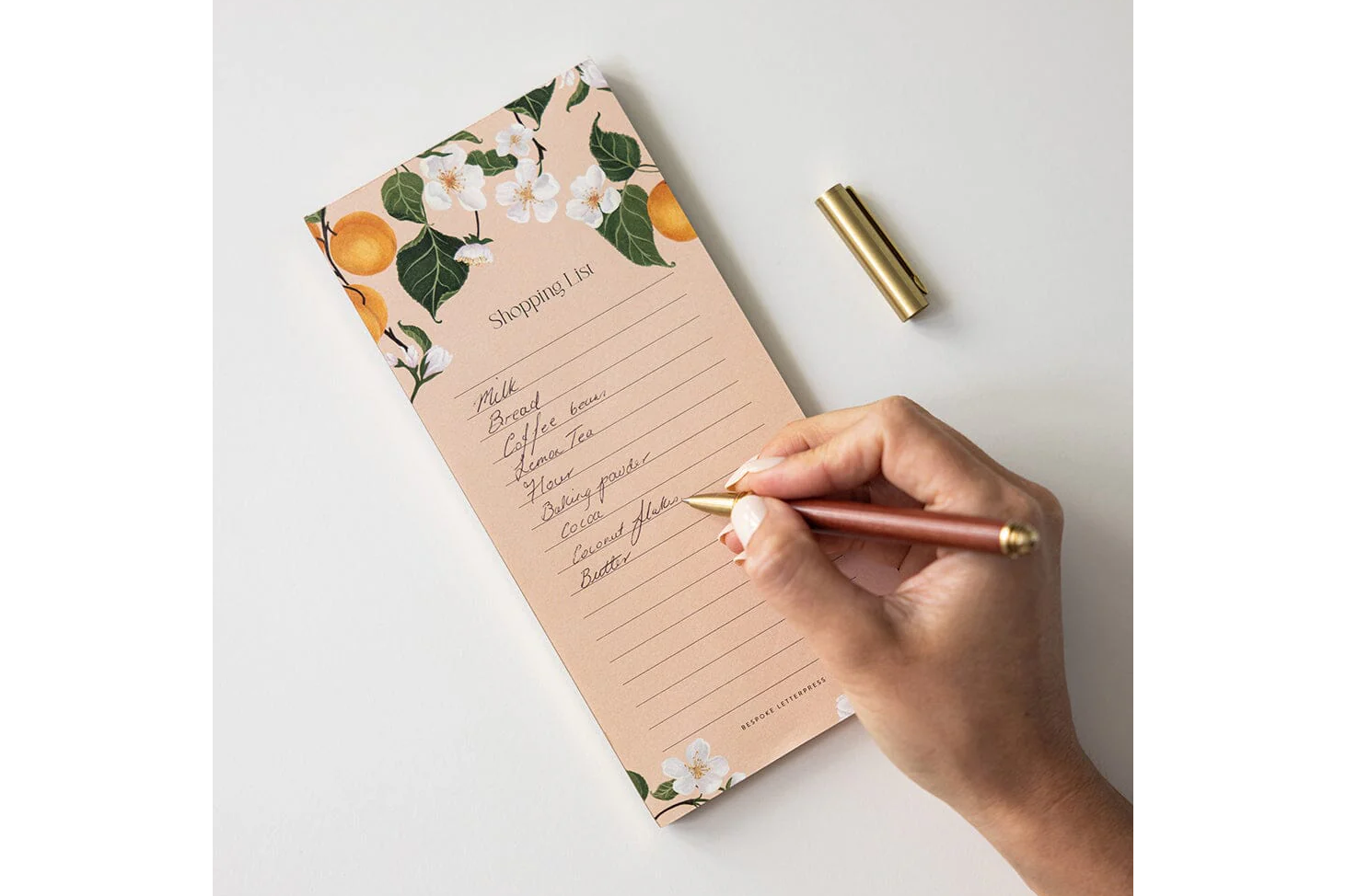 Bespoke Letterpress DL Notepad - Peaches Shopping List | Flywheel | Stationery | Tasmania