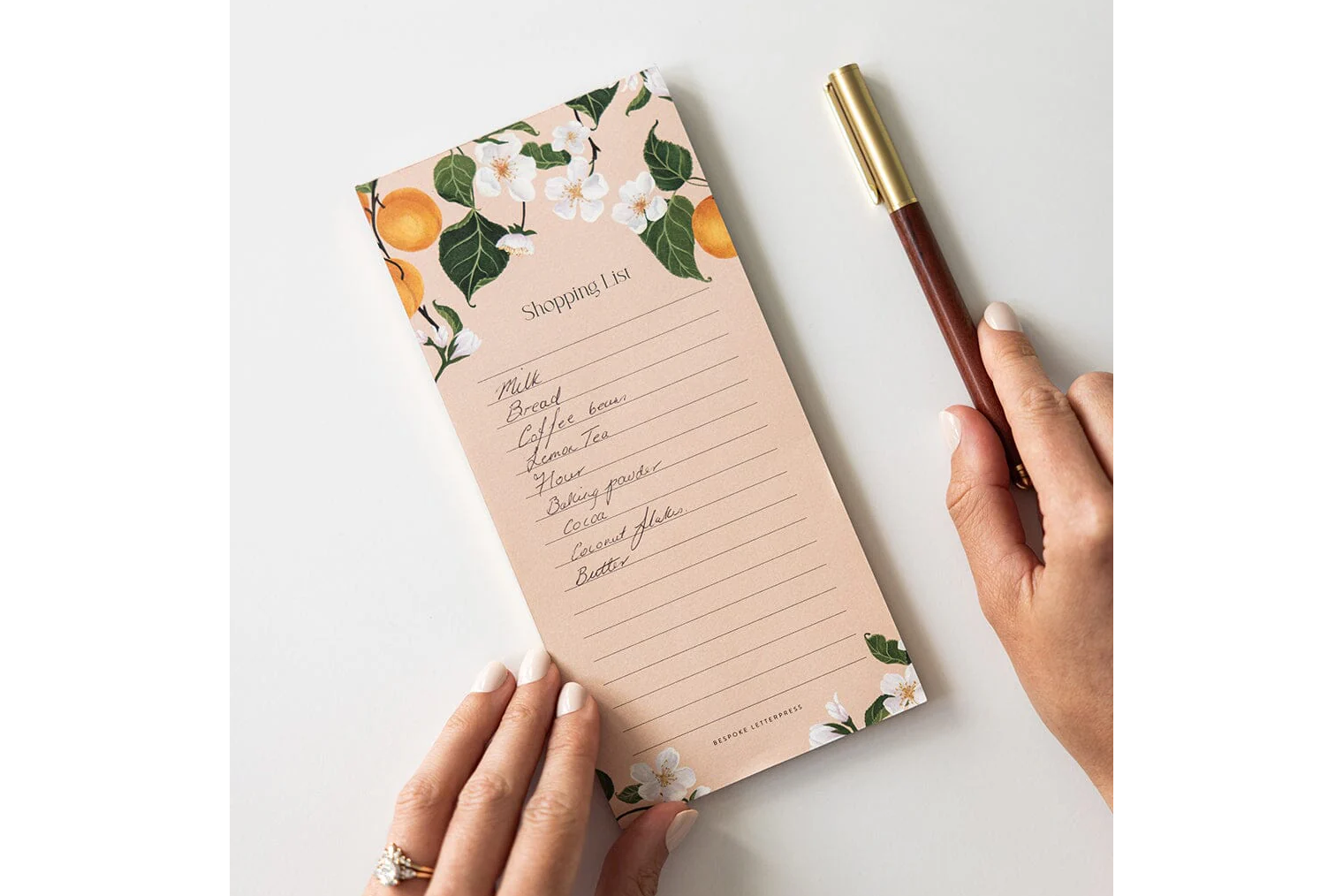 Bespoke Letterpress DL Notepad - Peaches Shopping List | Flywheel | Stationery | Tasmania