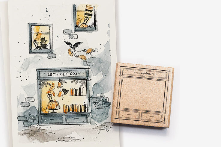 Cats on Appletrees Stamp - Shop Window Flywheel Stationery Tasmania