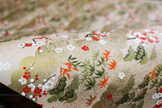 Chiyogami Gift Wrap - White/Red Blossoms on Beige | Flywheel | Stationery | Tasmania