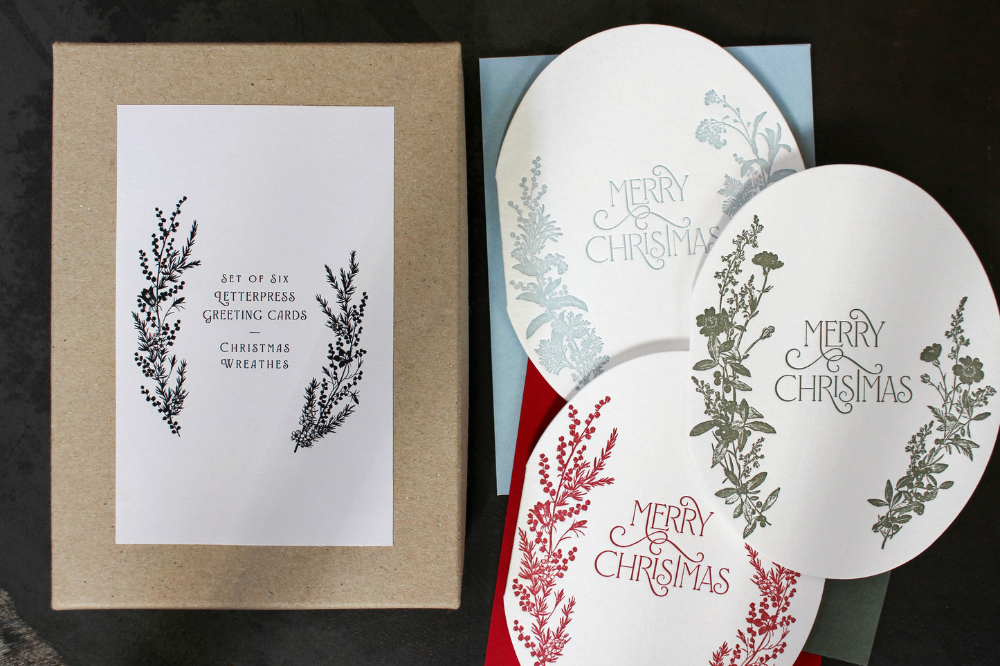 Letterpress Christmas Greeting Card Box Set - Wreathes | Flywheel | Stationery | Tasmania