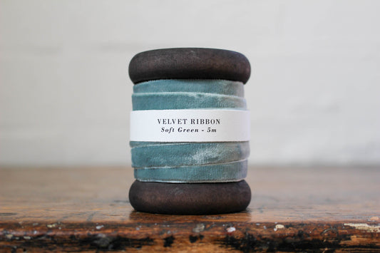 Velvet Ribbon on Wooden Spool - Soft Green | Flywheel | Stationery | Tasmania