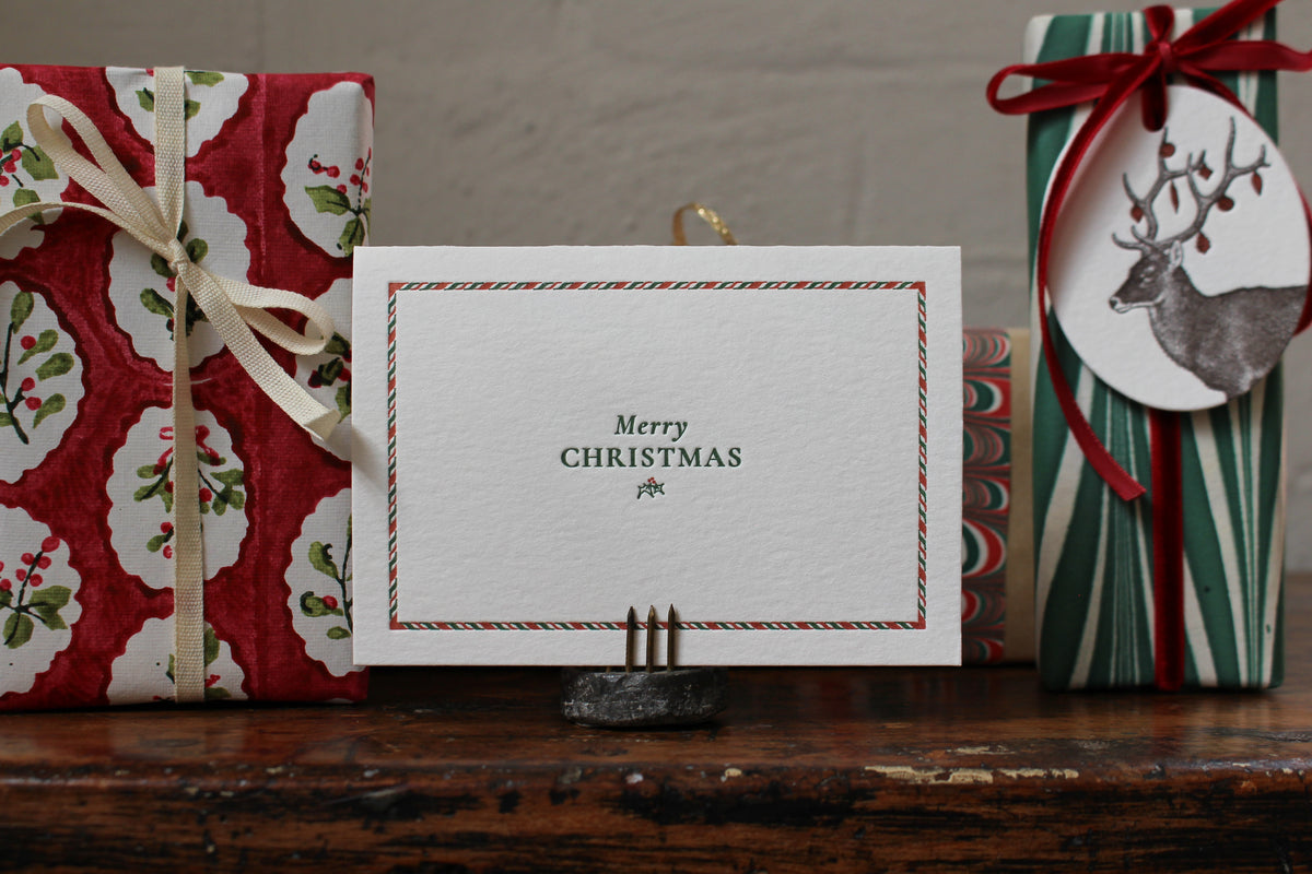 Letterpress Christmas Notecard - Candy Cane Border General Flywheel Stationery Tasmania