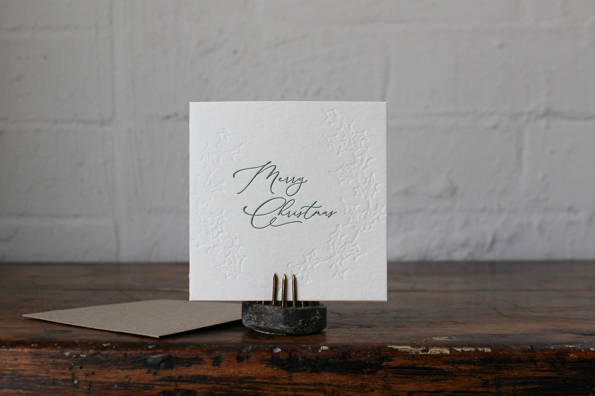 Letterpress Christmas Notecard - Merry Christmas Foliage General Flywheel Stationery Tasmania