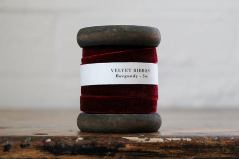 Velvet Ribbon on Wooden Spool - Burgundy