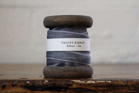 Velvet Ribbon on Wooden Spool - Silver