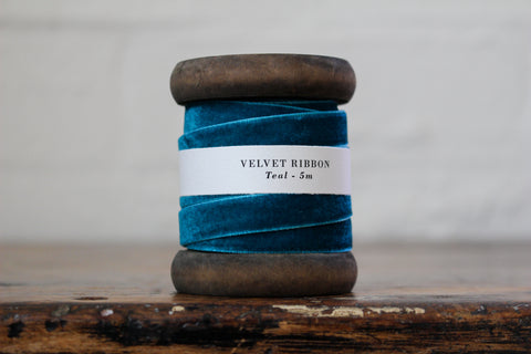 Velvet Ribbon on Wooden Spool - Teal