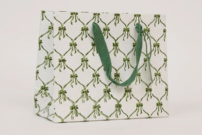 Paper Mirchi Block Printed Gift bag Medium - Bows Holly Green Flywheel Stationery Tasmania