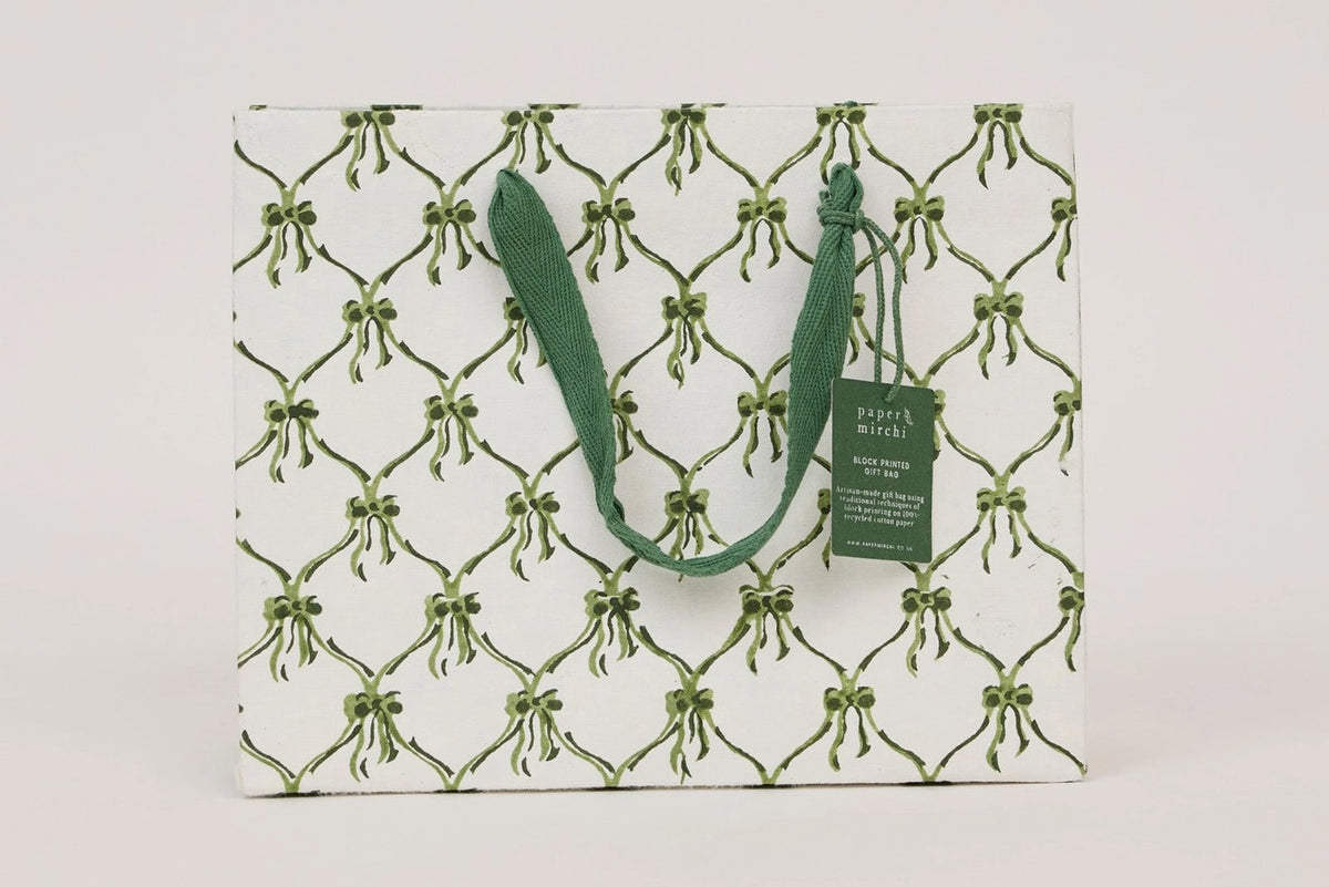 Paper Mirchi Block Printed Gift bag Medium - Bows Holly Green Flywheel Stationery Tasmania