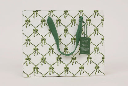 Paper Mirchi Block Printed Gift bag Medium - Bows Holly Green Flywheel Stationery Tasmania
