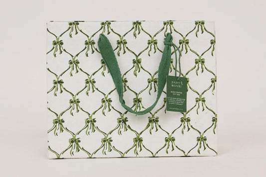 Paper Mirchi Block Printed Gift bag Medium - Bows Holly Green Flywheel Stationery Tasmania