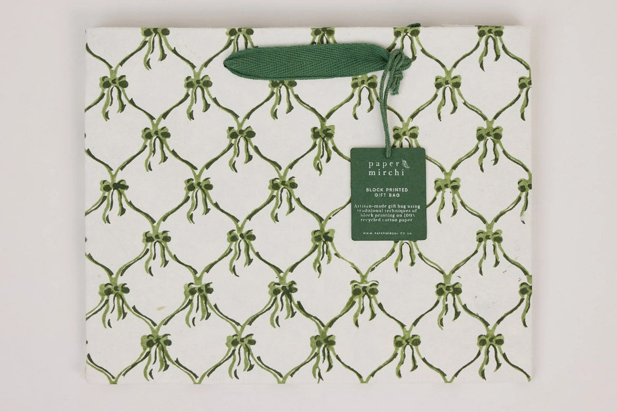 Paper Mirchi Block Printed Gift bag Medium - Bows Holly Green Flywheel Stationery Tasmania