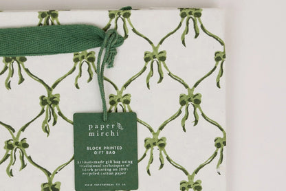 Paper Mirchi Block Printed Gift bag Medium - Bows Holly Green Flywheel Stationery Tasmania
