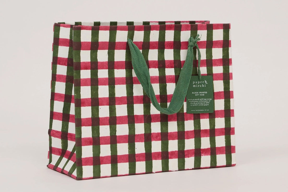 Paper Mirchi Block Printed Gift bag Medium - Gingham Holly Green Flywheel Stationery Tasmania