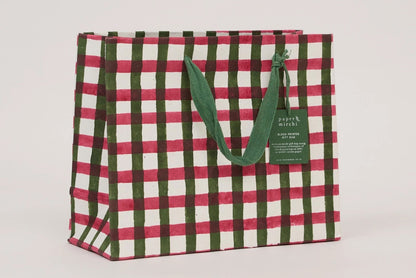 Paper Mirchi Block Printed Gift bag Medium - Gingham Holly Green Flywheel Stationery Tasmania