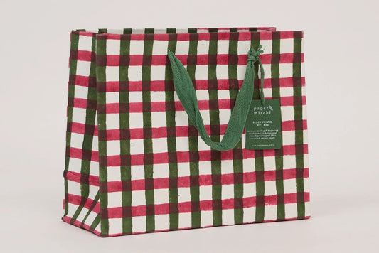 Paper Mirchi Block Printed Gift bag Medium - Gingham Holly Green Flywheel Stationery Tasmania