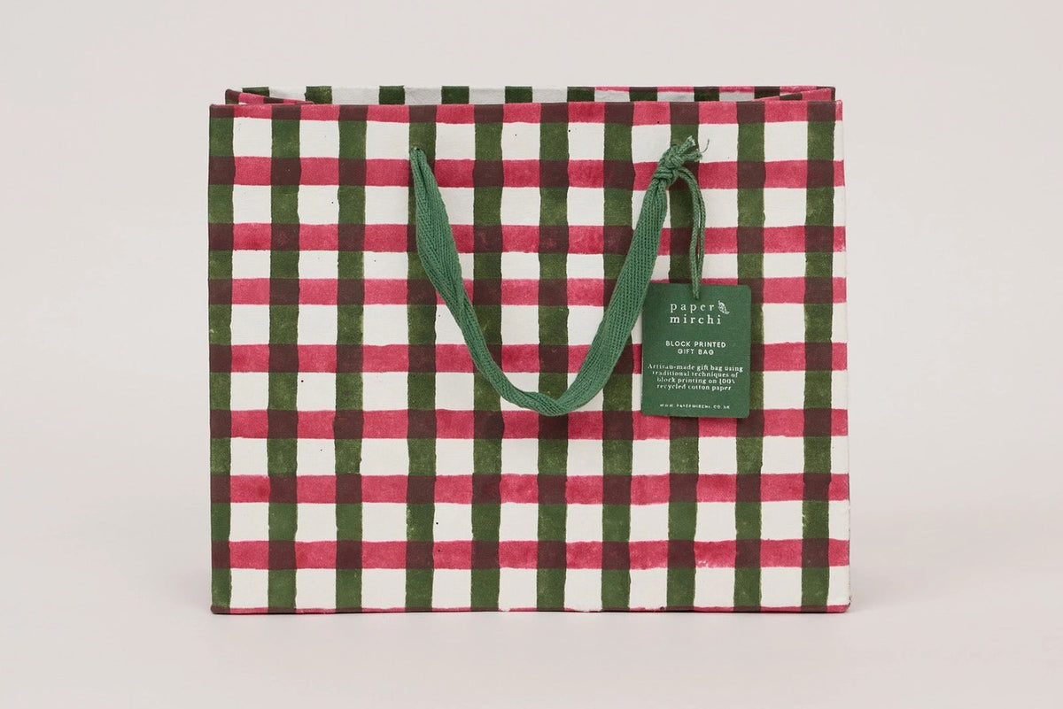 Paper Mirchi Block Printed Gift bag Medium - Gingham Holly Green Flywheel Stationery Tasmania