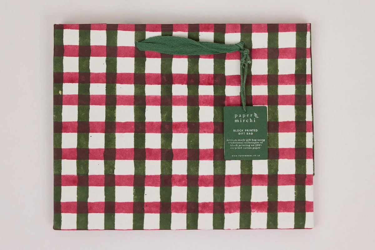 Paper Mirchi Block Printed Gift bag Medium - Gingham Holly Green Flywheel Stationery Tasmania