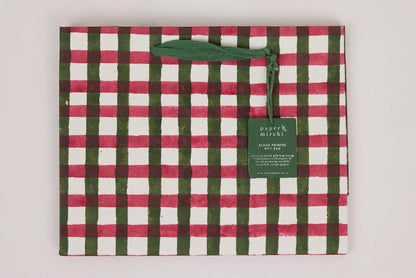 Paper Mirchi Block Printed Gift bag Medium - Gingham Holly Green Flywheel Stationery Tasmania