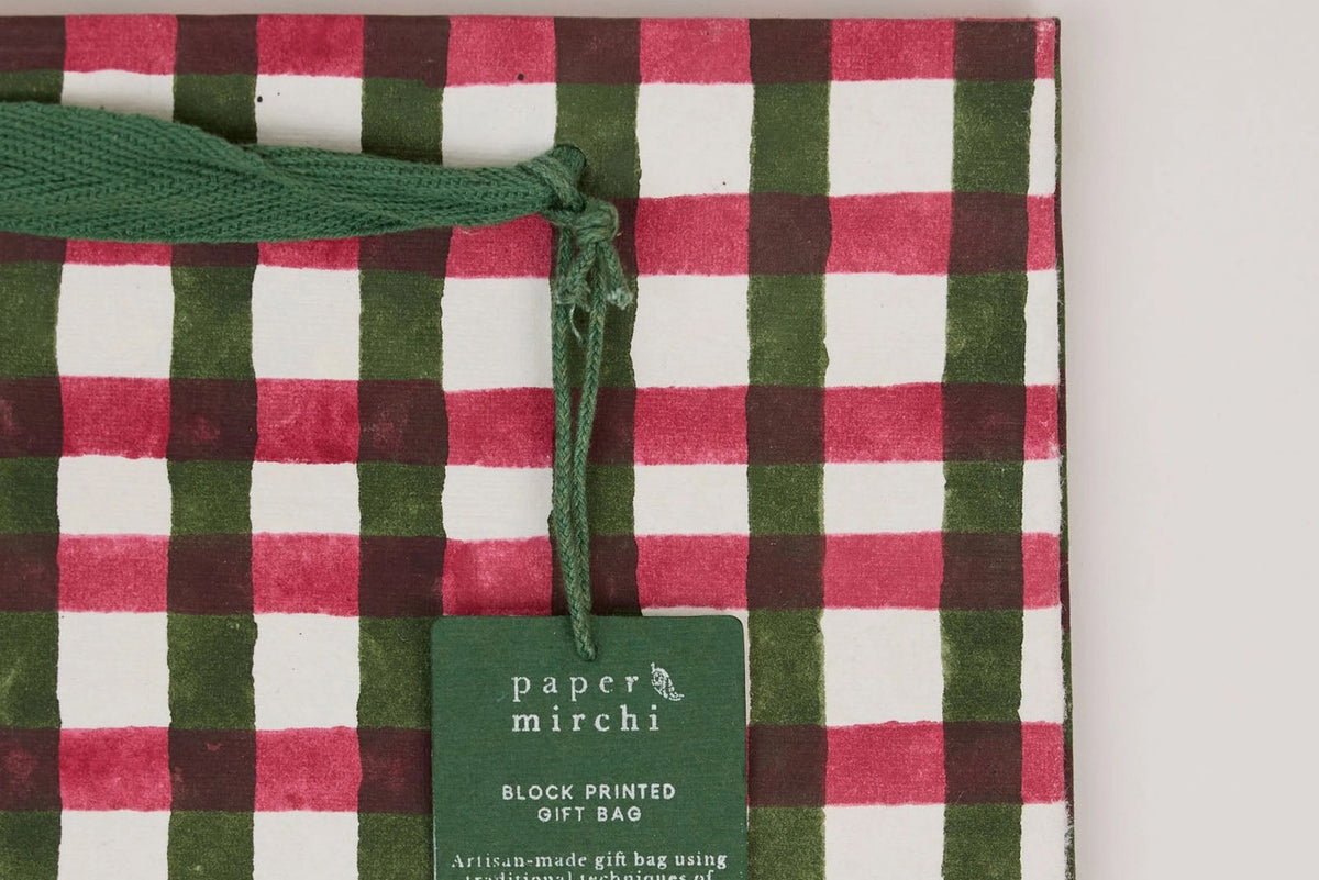Paper Mirchi Block Printed Gift bag Medium - Gingham Holly Green Flywheel Stationery Tasmania